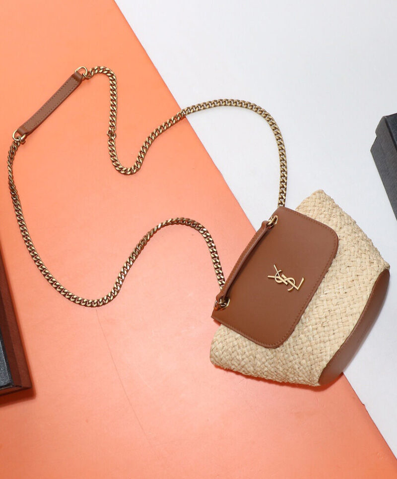 Saint Laurent Mini Manon In Raffia And Aged Vegetable-Tanned Leather Coffee